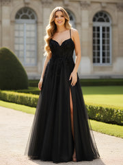 V-neck Applique Corset Tulle A-Line Dress With Slit Black