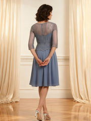 Sheer Yoke Beaded Bodice Dress Scalloped Hem Detail Dusty Blue