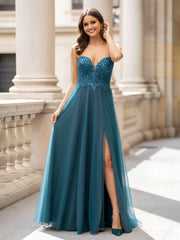 A-Line Sequin Bodice Dress with High Slit Jade