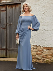Billowing Sleeve Evening Dress Flattering Draped Bodice Dusty Blue