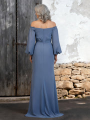 Billowing Sleeve Evening Dress Flattering Draped Bodice Dusty Blue