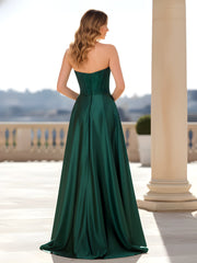 Strapless Satin Gown with Corset Bodice Dark Green