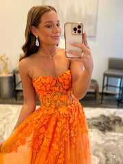 Orange A line tulle lace long prom dress, tulle formal dress