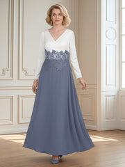 Long Sleeve Two-Piece Look Gown with Lace Waist Dusty Blue