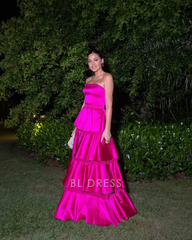 A Line Tiered Beautiful Strapless Satin Hot Pink formal dresses Bridesmaid Dresses evening gown Prom Dress
