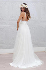 Simple V-neck Sleeveless Floor-Length Open Back White Wedding Dress TN0042