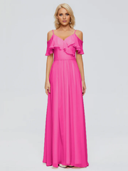 Thin shoulder strap ruffled chiffon and floor length bridesmaid dress