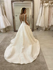 A Line V Neck Sleeveless Satin Wedding Dresses