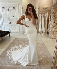 Mermaid V Neck Ivory Lace Chiffon Beach Boho Wedding Dresses