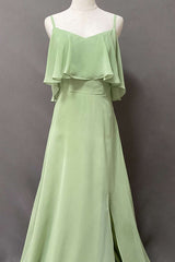 Ruches Sage Green Bears A-Line Lange Bruidsmeisje Jurk met spleet