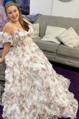 Bright Pink Print Puff Sleeve Ruffle Long Prom Dress