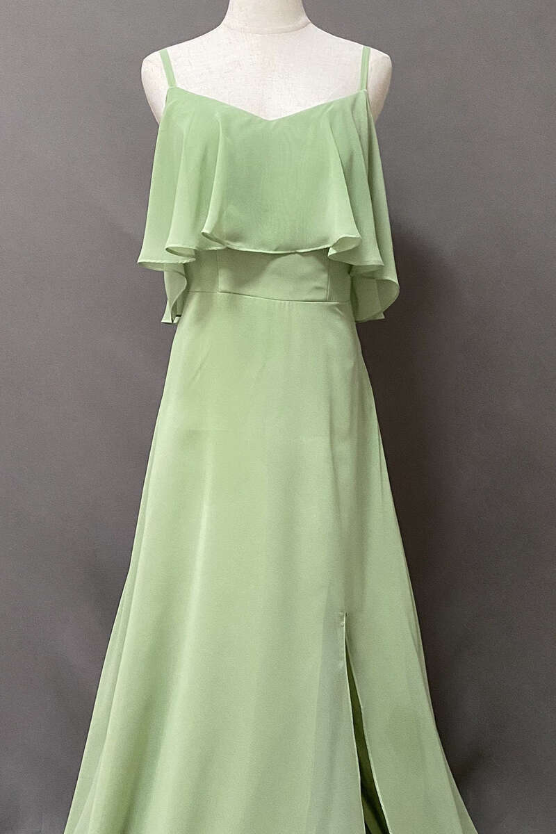 Ruches Sage Green Bears A-Line Lange Bruidsmeisje Jurk met spleet