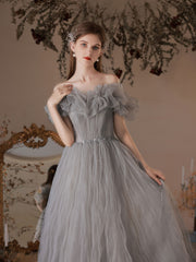 Gray tulle off shoulder long prom dress, gray tulle evening dress