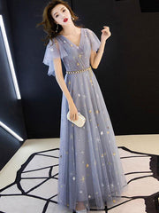 Gray blue v neck tulle long prom dress, tulle bridesmaid dress