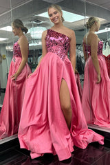 Blue Cut Glass Mirror One-Shoulder A-line Long Prom Dress