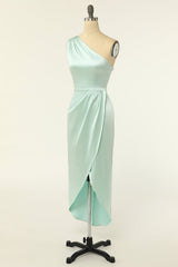 Mint Green Satin One-Shoulder Bridesmaid Dress