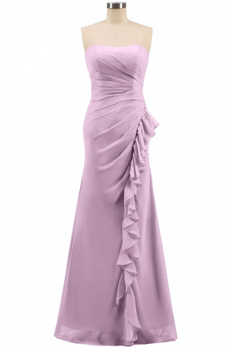 Roze strapless gegolfde zeemeermin lange bruidsmeisje jurk