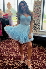 Pink Tulle Spaghetti Strap A-Line Short Dress with Ruffles