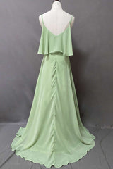 Ruches Sage Green Bears A-Line Lange Bruidsmeisje Jurk met spleet