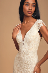 V-Neck Lace Short Sleeve Maxi Dress Mermaid Floor-length Wedding Dresses