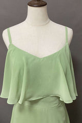 Ruches Sage Green Bears A-Line Lange Bruidsmeisje Jurk met spleet