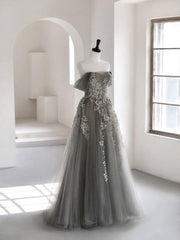A-Line Off Shoulder Tulle Lace Gray Long Prom Dress, Gray Tulle Lace Formal Dress