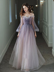 Purple tulle lace off shoulder long prom dress, purple evening dress