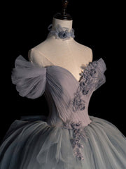 Gray sweetheart neck tulle long prom dress, gray evening dress