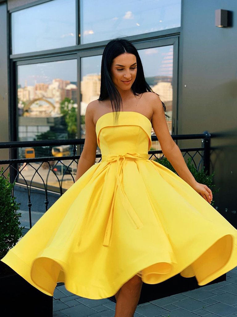 Yellow satin short prom dress yellow homecoming dress
