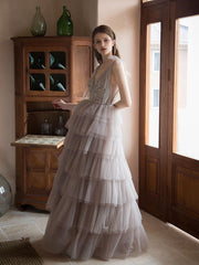 Unique v neck tulle beads long prom dress, tulle evening dress