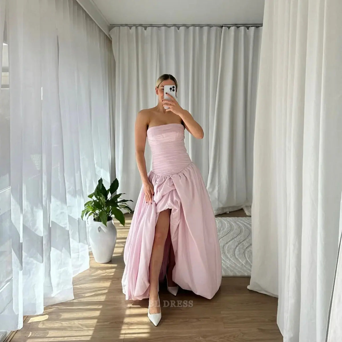 A Line Strapless Pink formal dresses Bridesmaid Dresses evening gown Prom Dress With Slit