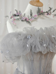 Gray tulle off shoulder long prom dress, gray evening dress