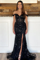 Off-the-Shoulder Sequin Lace Mermaid Long Dress with High Slit