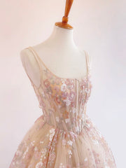 A-Line Tulle Lace Champagne Long Prom Dress, Champagne Long Formal Dress