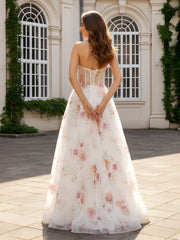 A-Line Sweetheart Neck Floral Dress With Slit Ivory