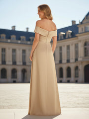A-Line Pleated Off-the-shoulder Long Dress With Slit Champagne