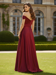 High Slit A-Line Dress with Crossover Bodice Burgundy