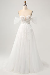 Princess White A-Line Off The Shoulder Corset Wedding Dress with Appliques Lace Sexy