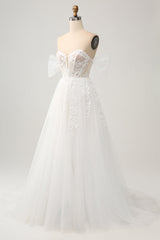 Princess White A-Line Off The Shoulder Corset Wedding Dress with Appliques Lace Sexy