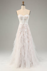 A-Line Sweetheart Corset Long White Wedding Dress with Appliques Lace Off Shoulder