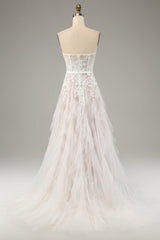 A-Line Sweetheart Corset Long White Wedding Dress with Appliques Lace Off Shoulder
