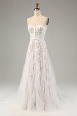 A-Line Sweetheart Corset Long White Wedding Dress with Appliques Lace Off Shoulder