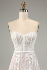 A-Line Sweetheart Corset Long White Wedding Dress with Appliques Lace Off Shoulder