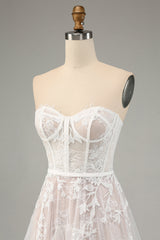 A-Line Sweetheart Corset Long White Wedding Dress with Appliques Lace Off Shoulder