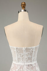 A-Line Sweetheart Corset Long White Wedding Dress with Appliques Lace Off Shoulder