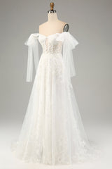White A-Line Off The Shoulder Corset Wedding Dress with Appliques Lace Sexy