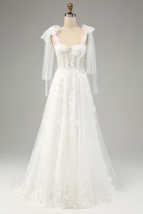 White A-Line Off The Shoulder Corset Wedding Dress with Appliques Lace Sexy