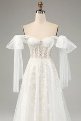 White A-Line Off The Shoulder Corset Wedding Dress with Appliques Lace Sexy