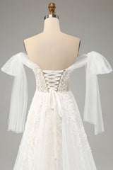 White A-Line Off The Shoulder Corset Wedding Dress with Appliques Lace Sexy