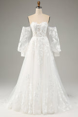 White A Line Off The Shoulder Corset Appliques Lace Wedding Dress with Long Sleeves Sexy